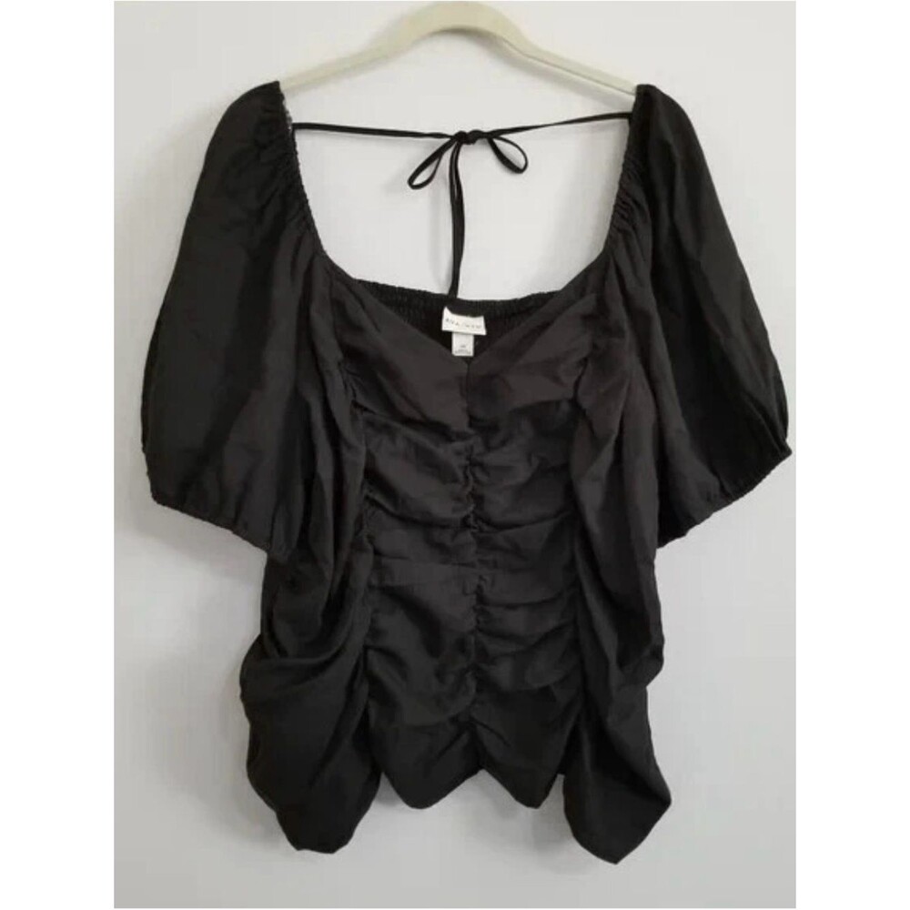ava & viv Black Ruched Puff-Sleeve Tie Back Ruffle Women’s Blouse Top Size 1X